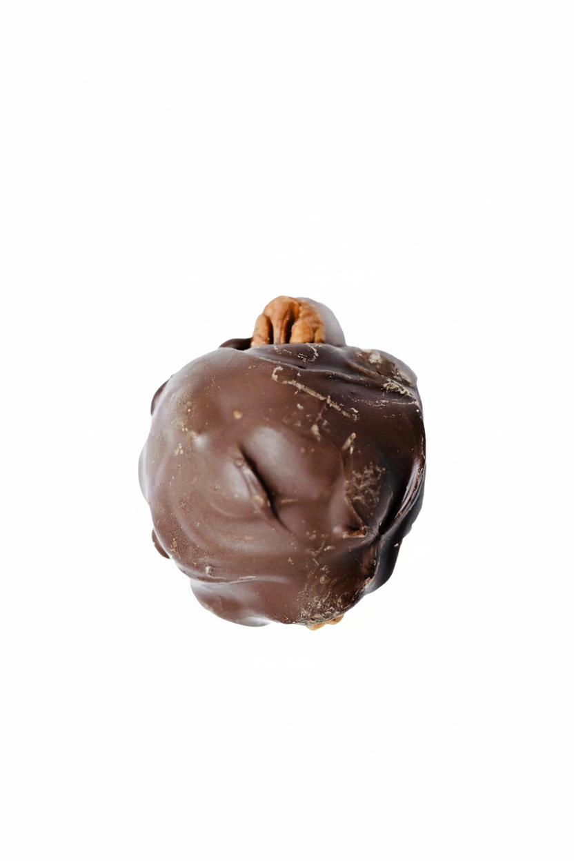 Chocolate pecan truffle on white background